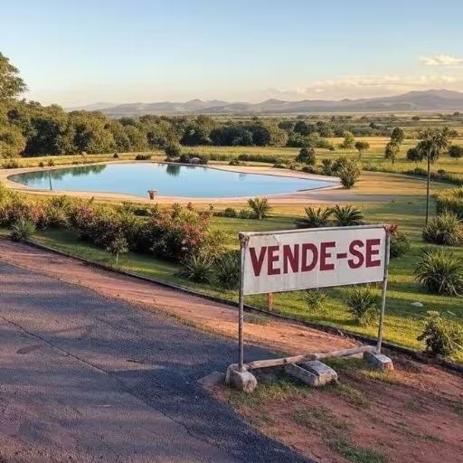 A imagem ilustra uma terra loteada para venda com lago arvores grama verde e uma pista de acesso parte asfaltada e parte no barro chão de terra uma placa de vende grande foi colocada por um corretor de imóveis ou proprietário da propriedade